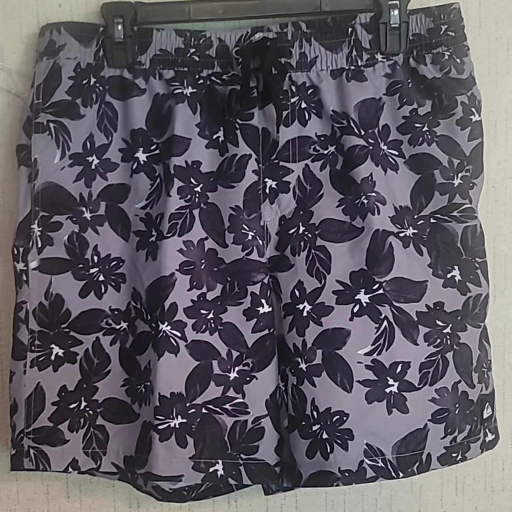 QUICKSILVER MEN'S SWIM COLLECTION FLORAL SWIM TRUNK:GRAY/BLACK FLORAL: NWT:L